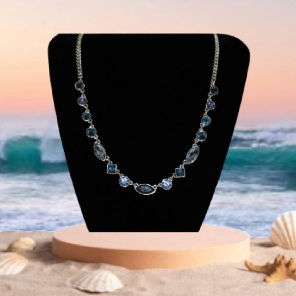 D K N Y Silverstone Necklace With blue Rhinestones Size 18''in Long.